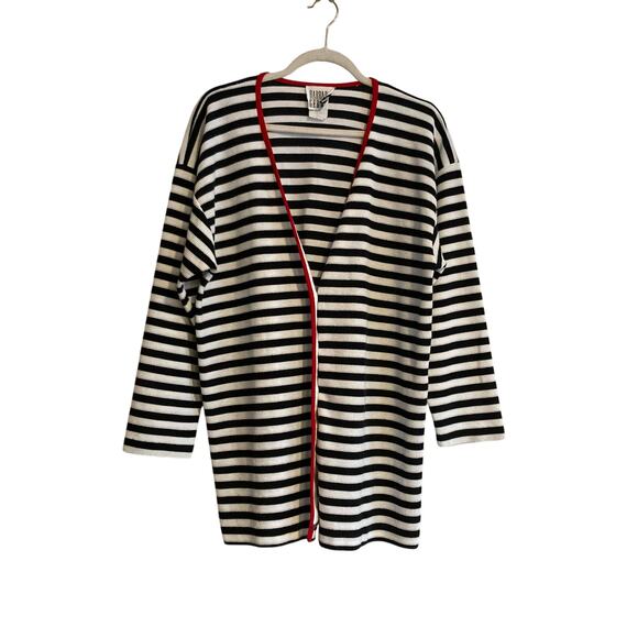 Vintage Black White Stripe Waffle Knit 80s Parisian Style Cardigan Size Large - Picture 1 of 16